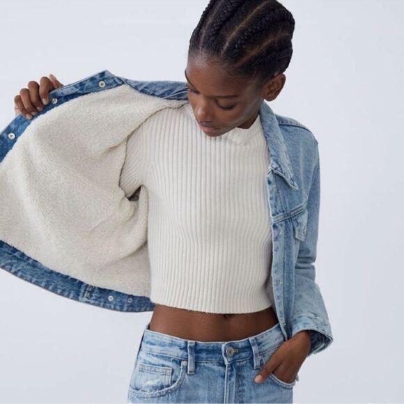 Zara Button Down 100% Cotton Fleece Lined Light Denim Jacket Sz Small NWOT - Picture 1 of 15